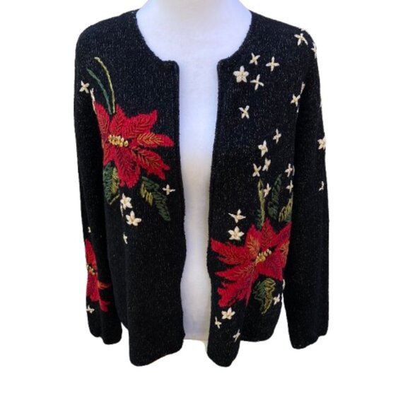 Talbots Silk Cardigan Poinsetta Embroidered Full Zip Festive Holiday, size Large - Picture 7 of 11